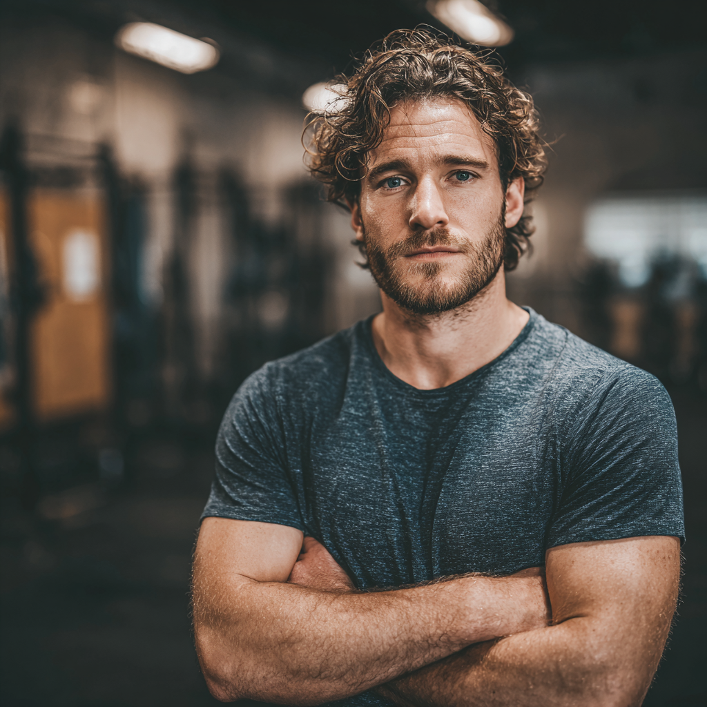 Confident athletic man in gym setting with determined expression