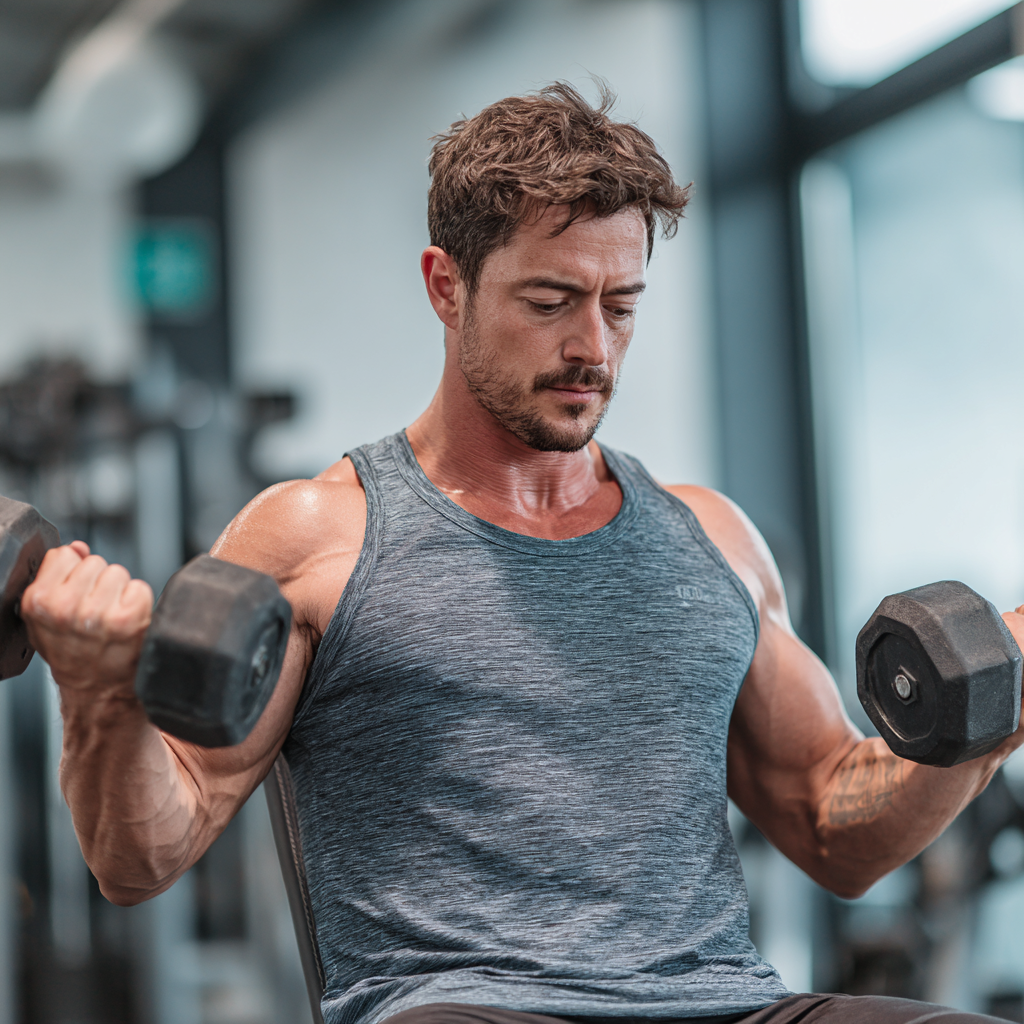 Man doing strength training with focus and determination in modern gym