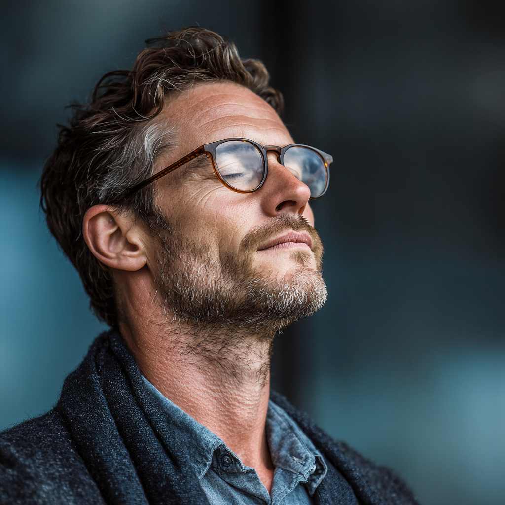 Professional man meditating or reflecting in calm environment showing mental strength